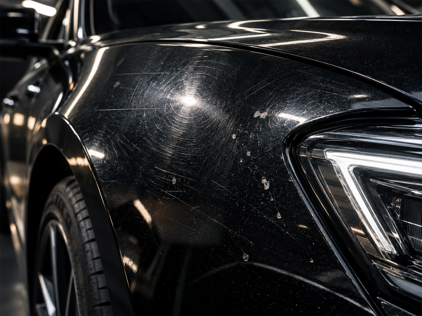 Swirl marks and light scratches across the bonnet of a black car